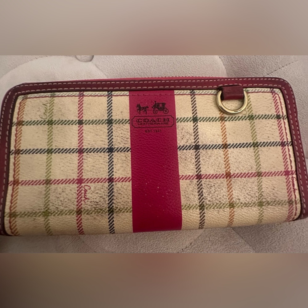 Coach Plaid Leather Wallet - Red/Pink and Cream